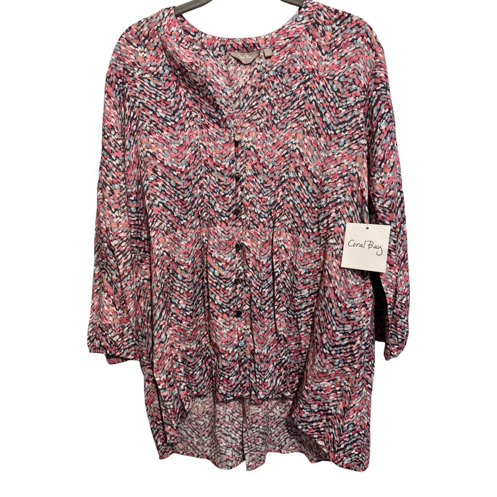 Coral Bay‎ Tunic Top Women's Large Pink Abstract Button Up High Low Boho Blouse